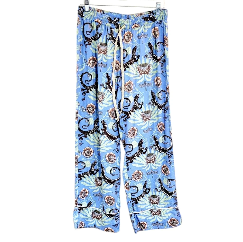 Victoria Garcia x Anthropologie Wide Leg Flannel Pajama Bottoms Lizards Flowers